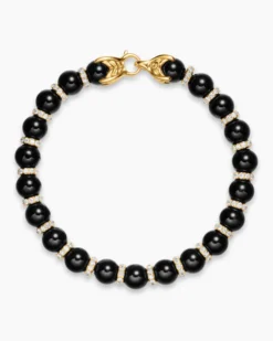 Spiritual Beads Bracelet 18K Yellow Gold with Black Onyx and Diamonds, 8mm