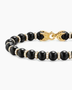 Spiritual Beads Bracelet 18K Yellow Gold with Black Onyx and Diamonds, 8mm