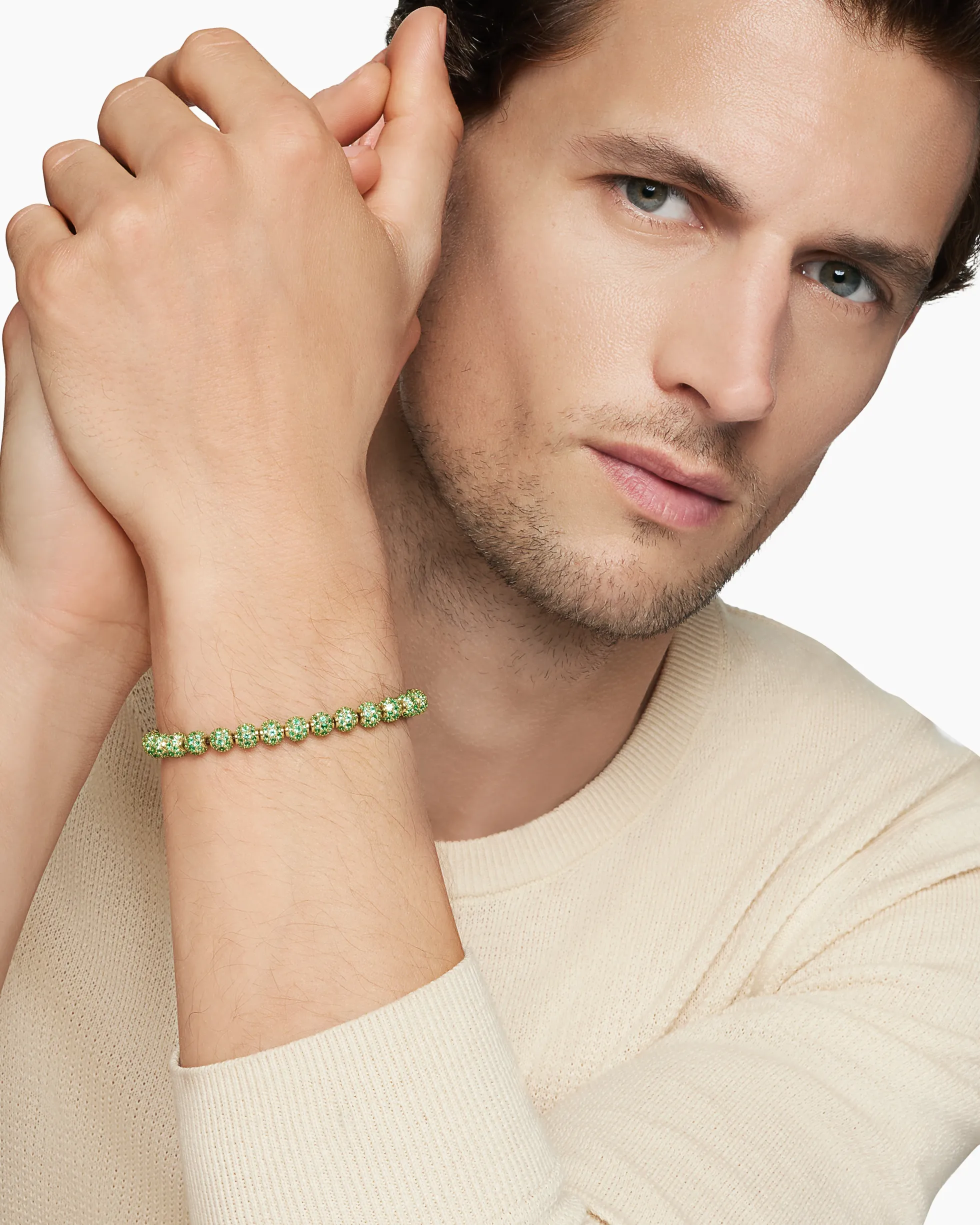 Spiritual Beads Bracelet 18K Yellow Gold and Pavé Emeralds, 6mm