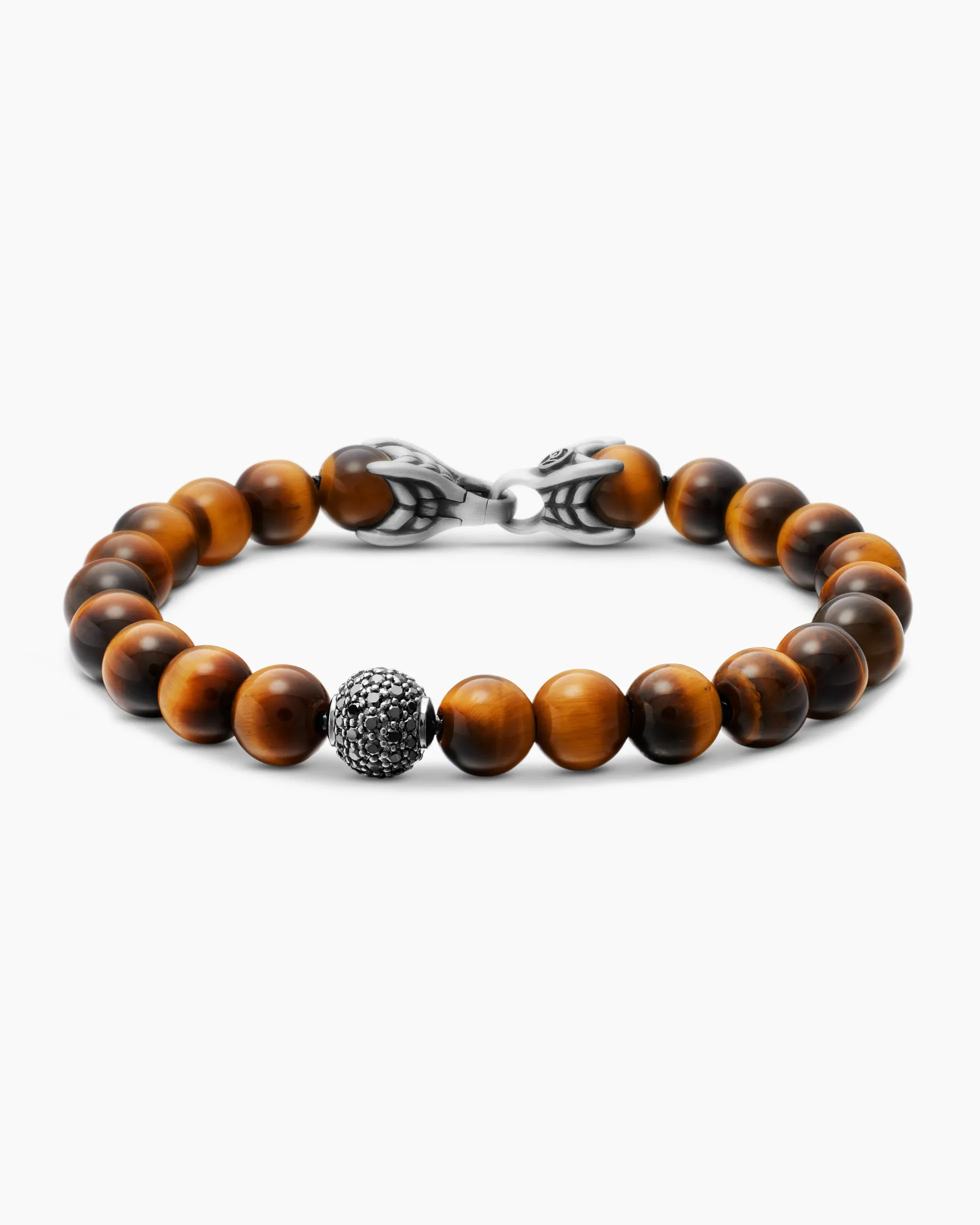 Spiritual Beads Bracelet Sterling Silver with Tiger’s Eye and Pavé Black Diamond Station, 8mm