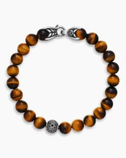 Spiritual Beads Bracelet Sterling Silver with Tiger’s Eye and Pavé Black Diamond Station, 8mm