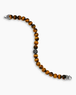 Spiritual Beads Bracelet Sterling Silver with Tiger’s Eye and Pavé Black Diamond Station, 8mm