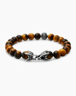 Spiritual Beads Bracelet Sterling Silver with Tiger’s Eye and Pavé Black Diamond Station, 8mm