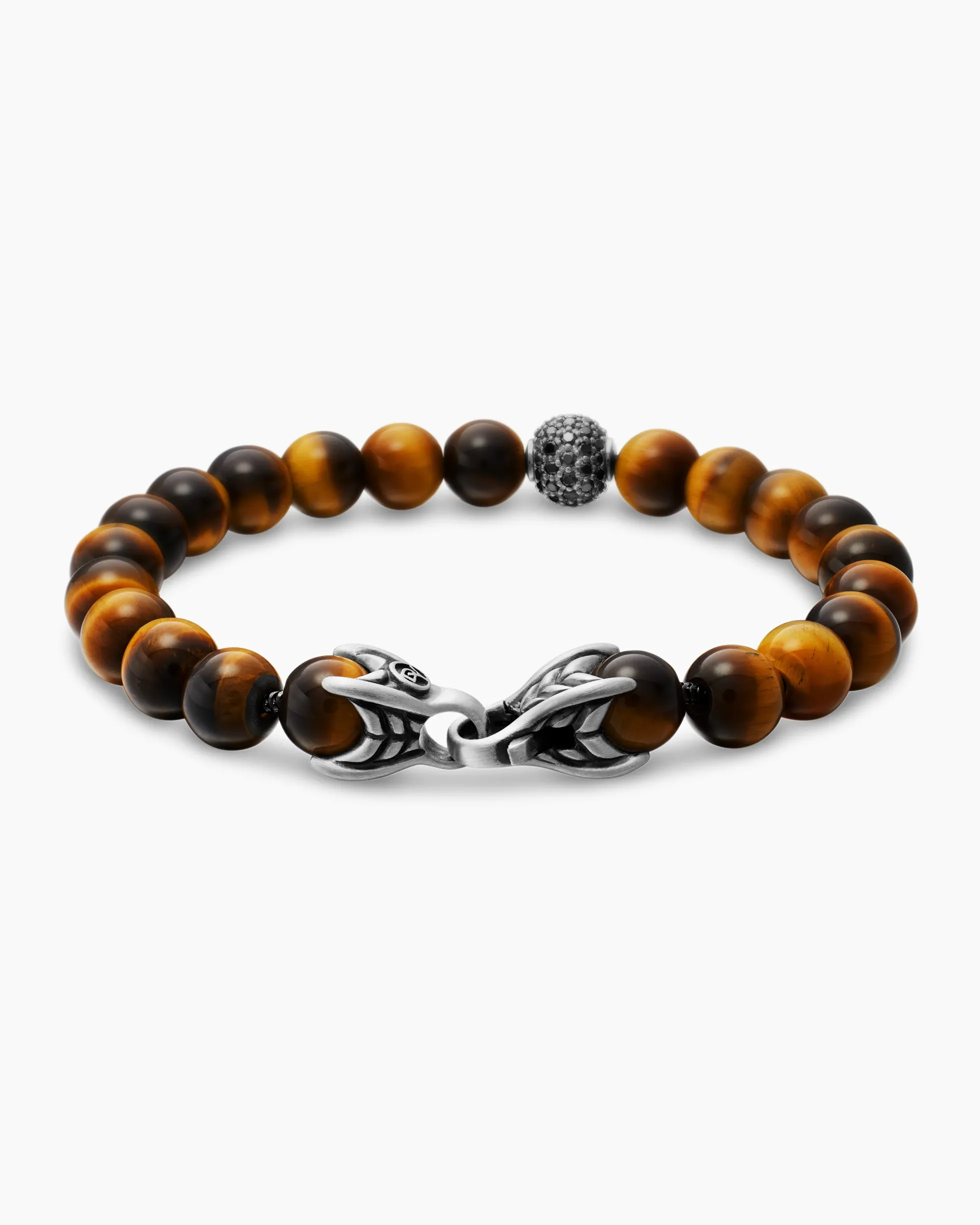 Spiritual Beads Bracelet Sterling Silver with Tiger’s Eye and Pavé Black Diamond Station, 8mm