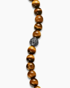 Spiritual Beads Bracelet Sterling Silver with Tiger’s Eye and Pavé Black Diamond Station, 8mm