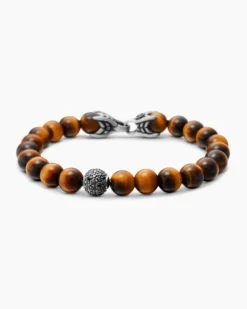 Spiritual Beads Bracelet Sterling Silver with Tiger’s Eye and Pavé Black Diamond Station, 8mm