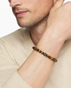 Spiritual Beads Bracelet Sterling Silver with Tiger’s Eye and Pavé Black Diamond Station, 8mm