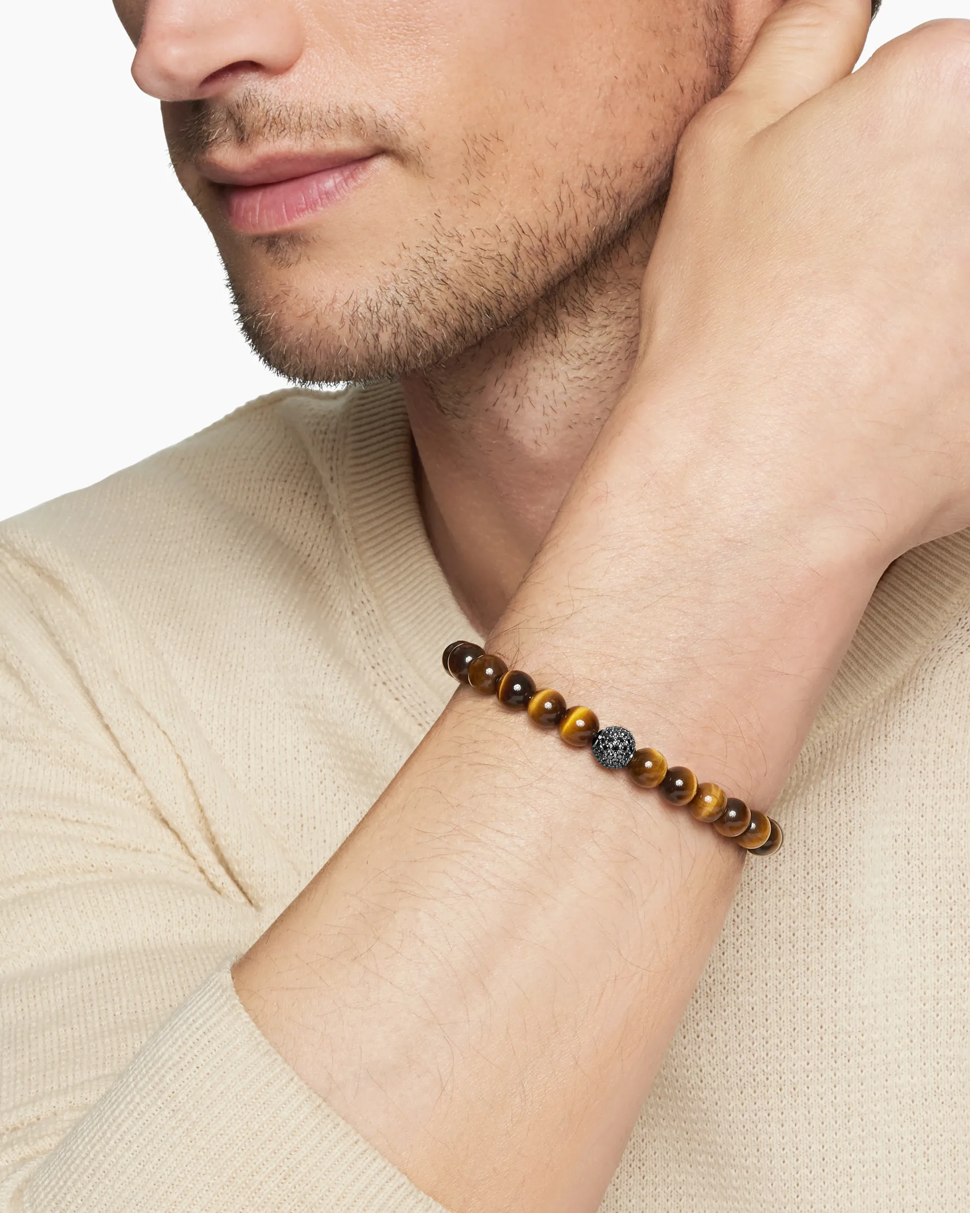 Spiritual Beads Bracelet Sterling Silver with Tiger’s Eye and Pavé Black Diamond Station, 8mm