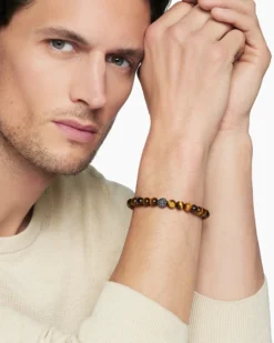 Spiritual Beads Bracelet Sterling Silver with Tiger’s Eye and Pavé Black Diamond Station, 8mm