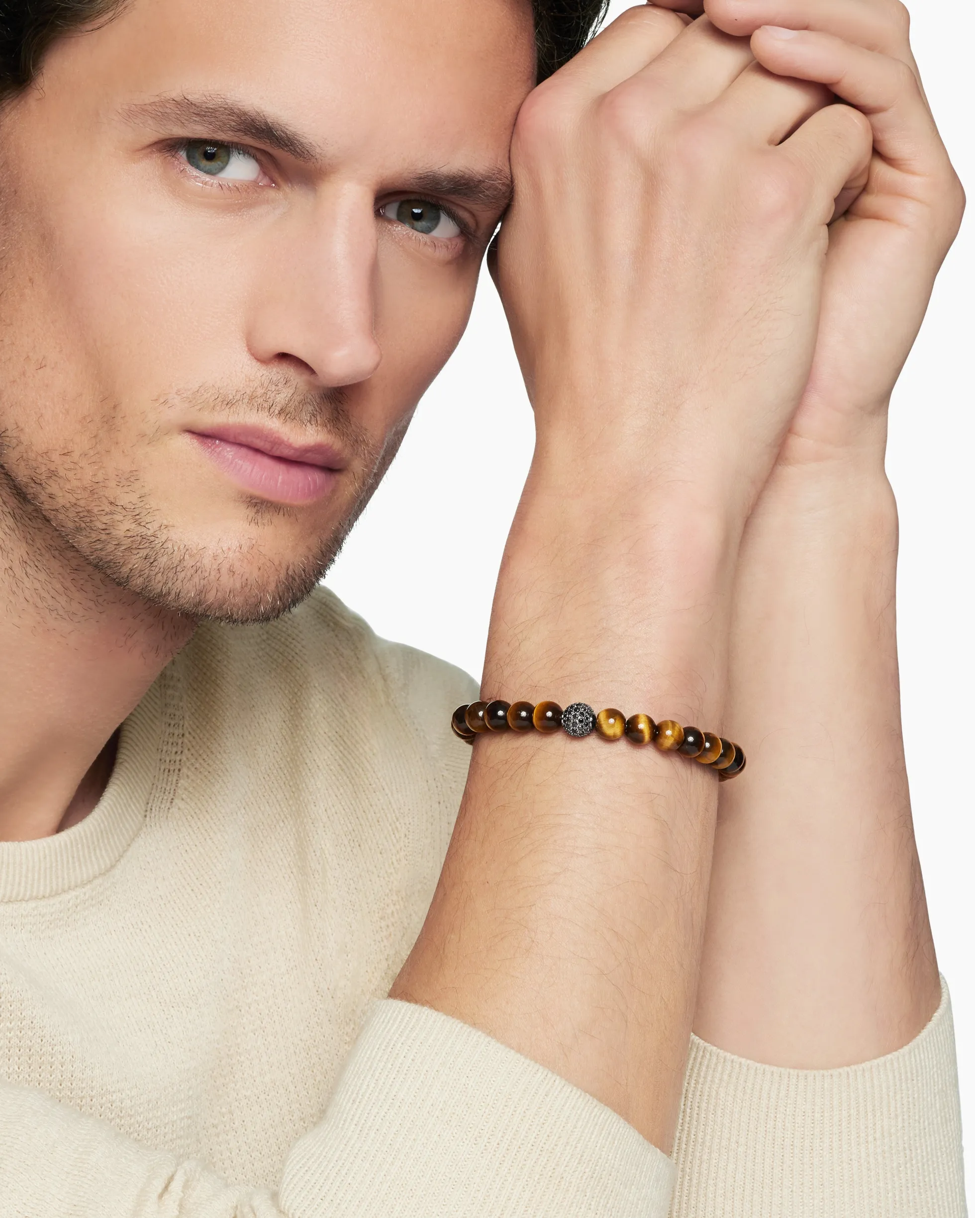 Spiritual Beads Bracelet Sterling Silver with Tiger’s Eye and Pavé Black Diamond Station, 8mm
