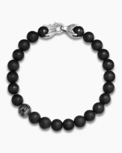 Spiritual Beads Bracelet Sterling Silver with Black Onyx and Pavé Black Diamond Accent, 8mm
