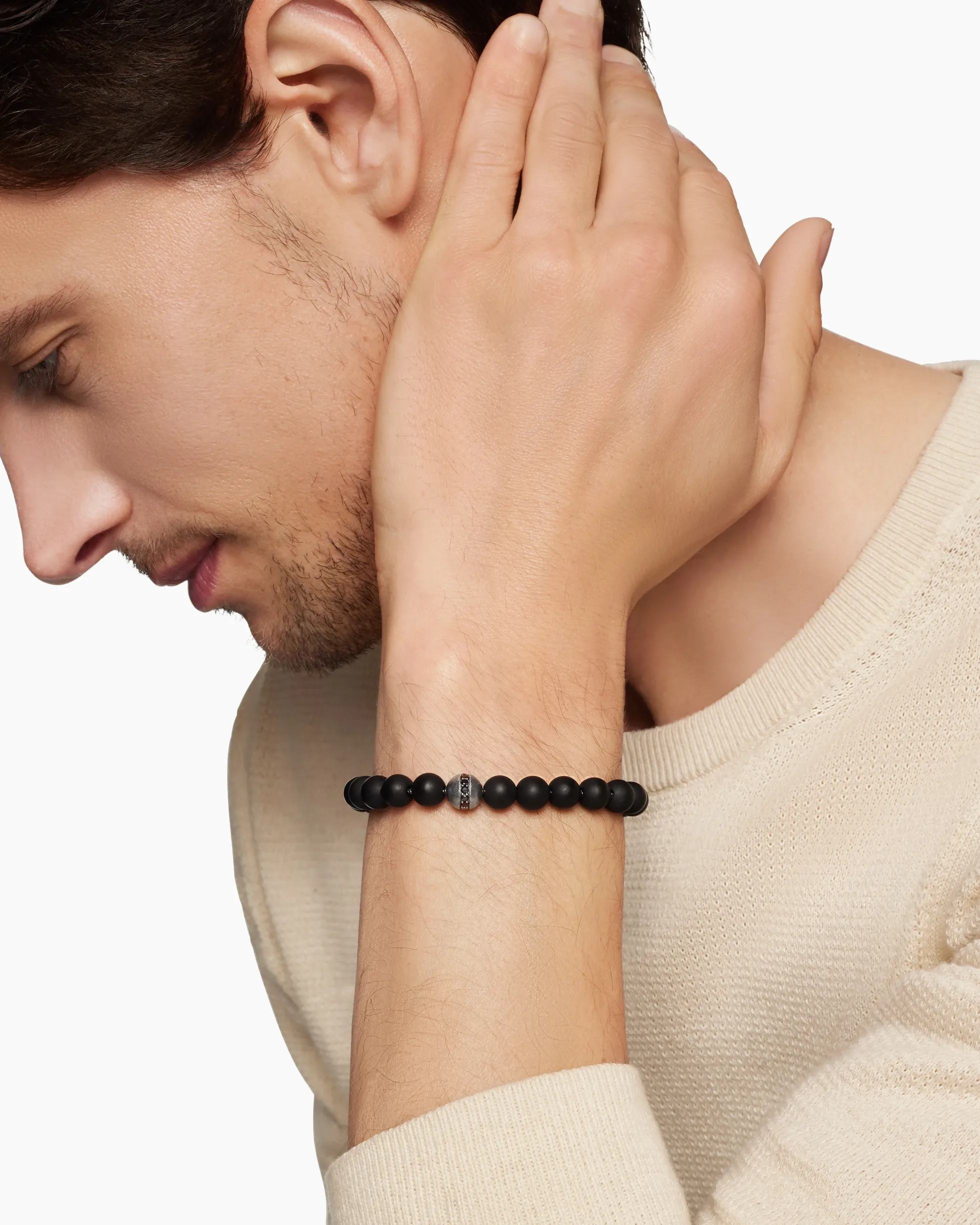 Spiritual Beads Bracelet Sterling Silver with Black Onyx and Pavé Black Diamond Accent, 8mm