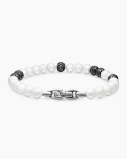 Spiritual Beads Bracelet Sterling Silver with Pearls and Pavé Black Diamonds, 6mm