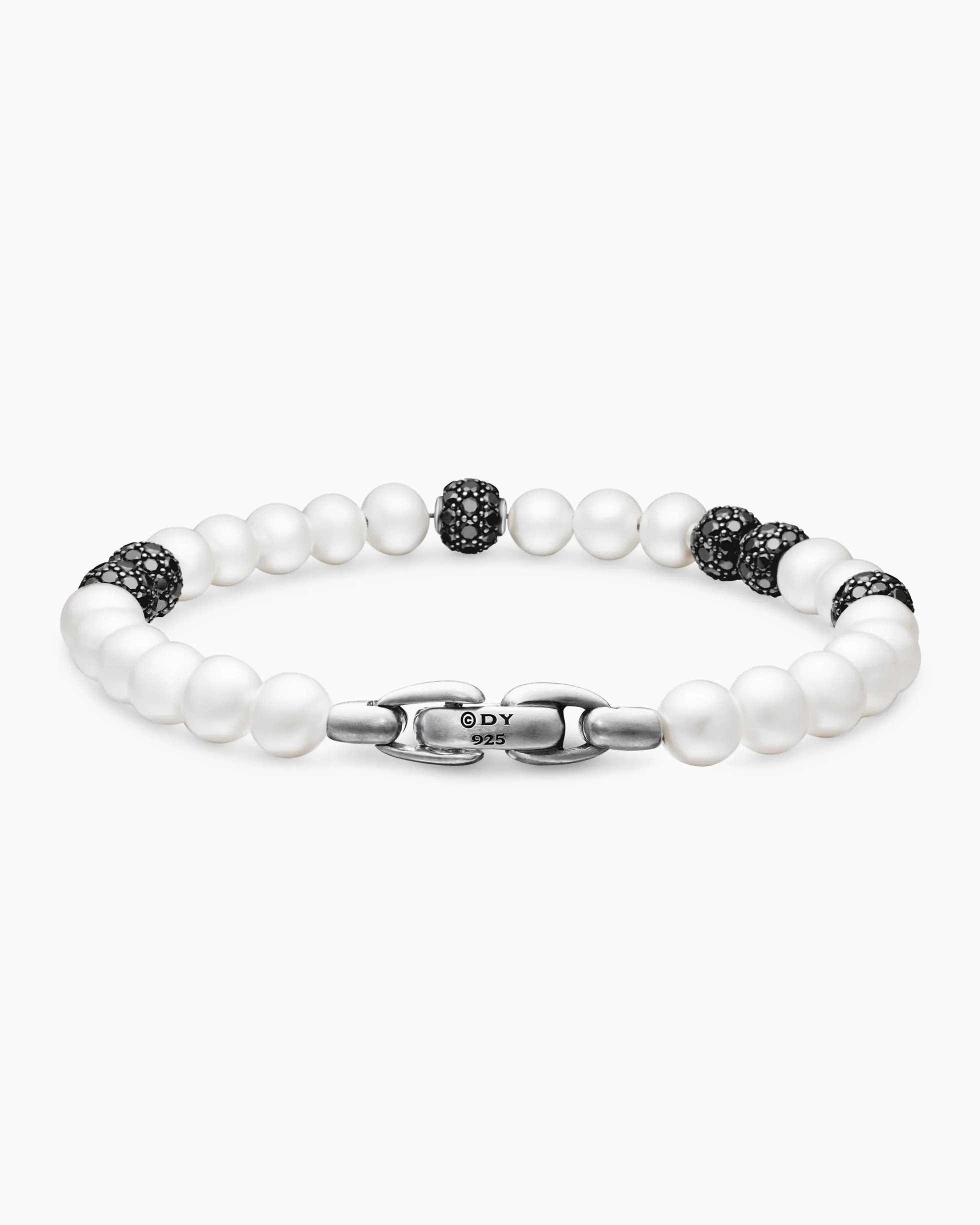 Spiritual Beads Bracelet Sterling Silver with Pearls and Pavé Black Diamonds, 6mm