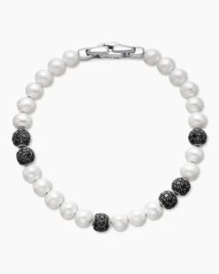 Spiritual Beads Bracelet Sterling Silver with Pearls and Pavé Black Diamonds, 6mm
