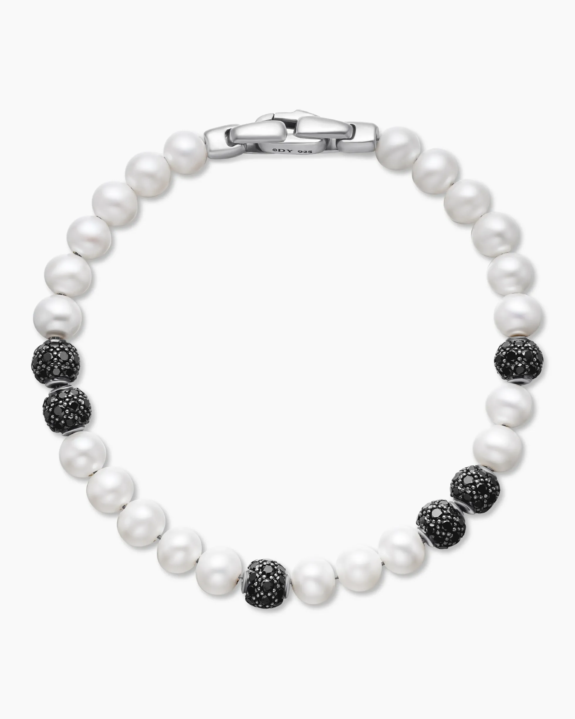Spiritual Beads Bracelet Sterling Silver with Pearls and Pavé Black Diamonds, 6mm