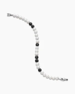 Spiritual Beads Bracelet Sterling Silver with Pearls and Pavé Black Diamonds, 6mm