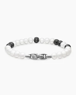 Spiritual Beads Bracelet Sterling Silver with Pearls and Pavé Black Diamonds, 6mm