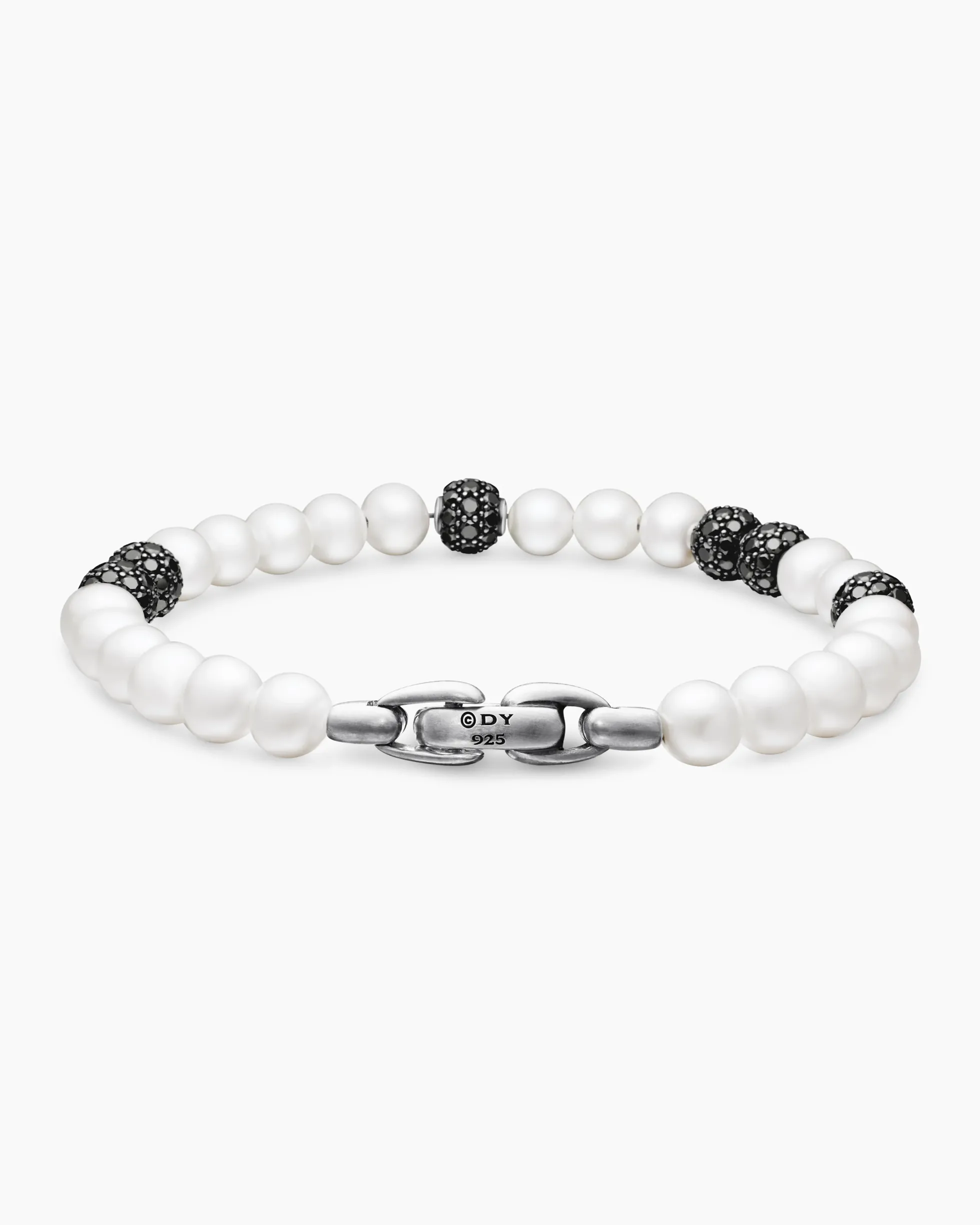 Spiritual Beads Bracelet Sterling Silver with Pearls and Pavé Black Diamonds, 6mm