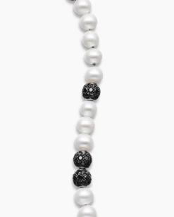 Spiritual Beads Bracelet Sterling Silver with Pearls and Pavé Black Diamonds, 6mm