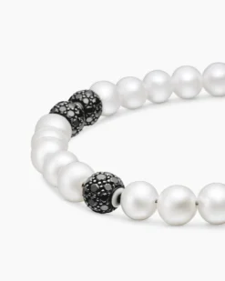 Spiritual Beads Bracelet Sterling Silver with Pearls and Pavé Black Diamonds, 6mm