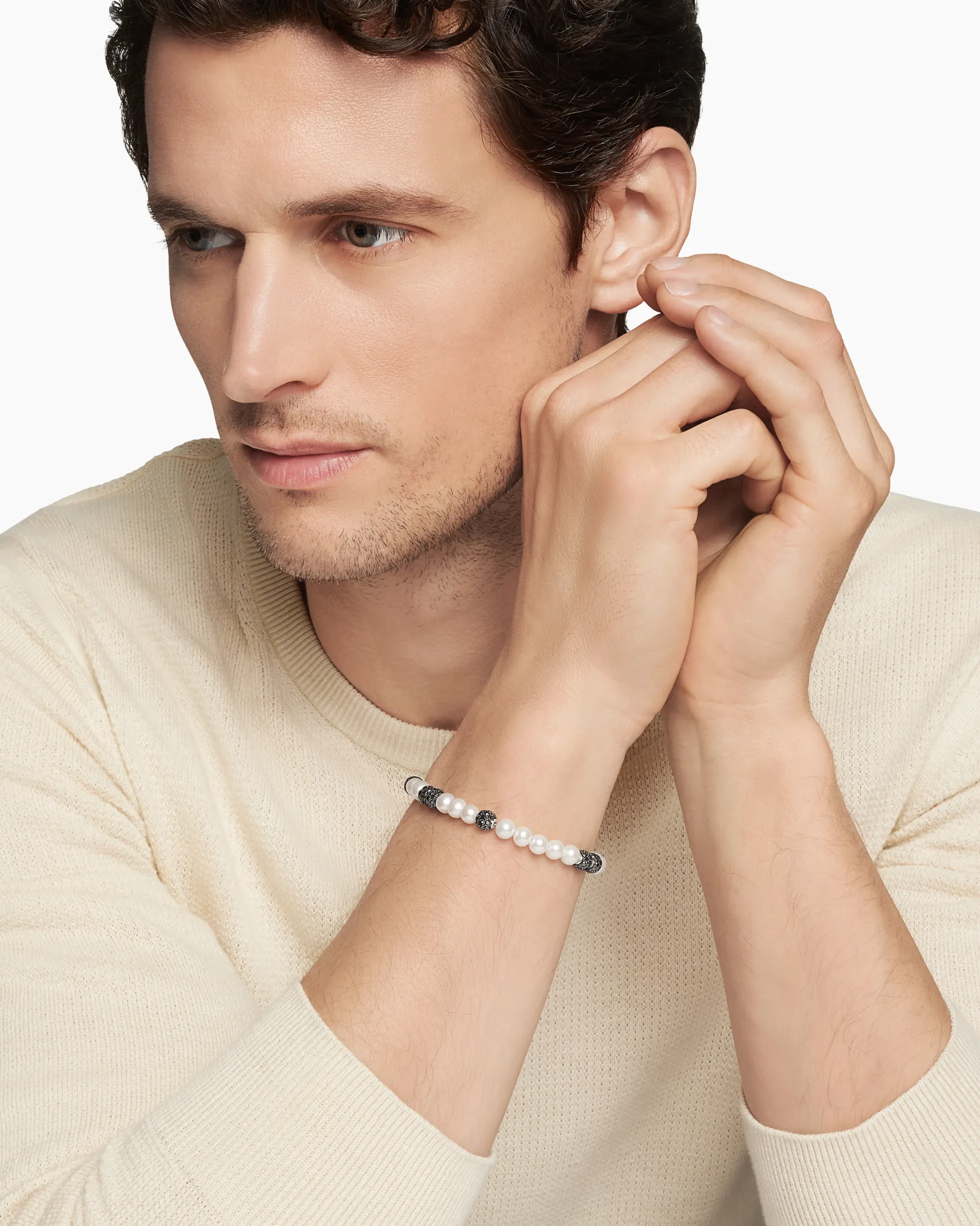 Spiritual Beads Bracelet Sterling Silver with Pearls and Pavé Black Diamonds, 6mm