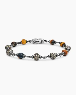 Spiritual Beads Bracelet Sterling Silver with Tiger’s Eye and Cognac Diamonds, 6mm