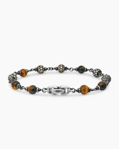 Spiritual Beads Bracelet Sterling Silver with Tiger’s Eye and Cognac Diamonds, 6mm