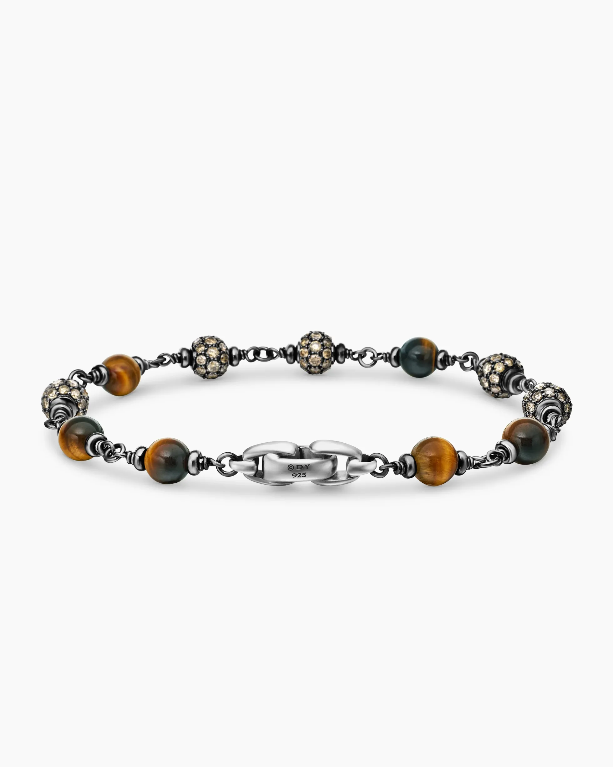 Spiritual Beads Bracelet Sterling Silver with Tiger’s Eye and Cognac Diamonds, 6mm