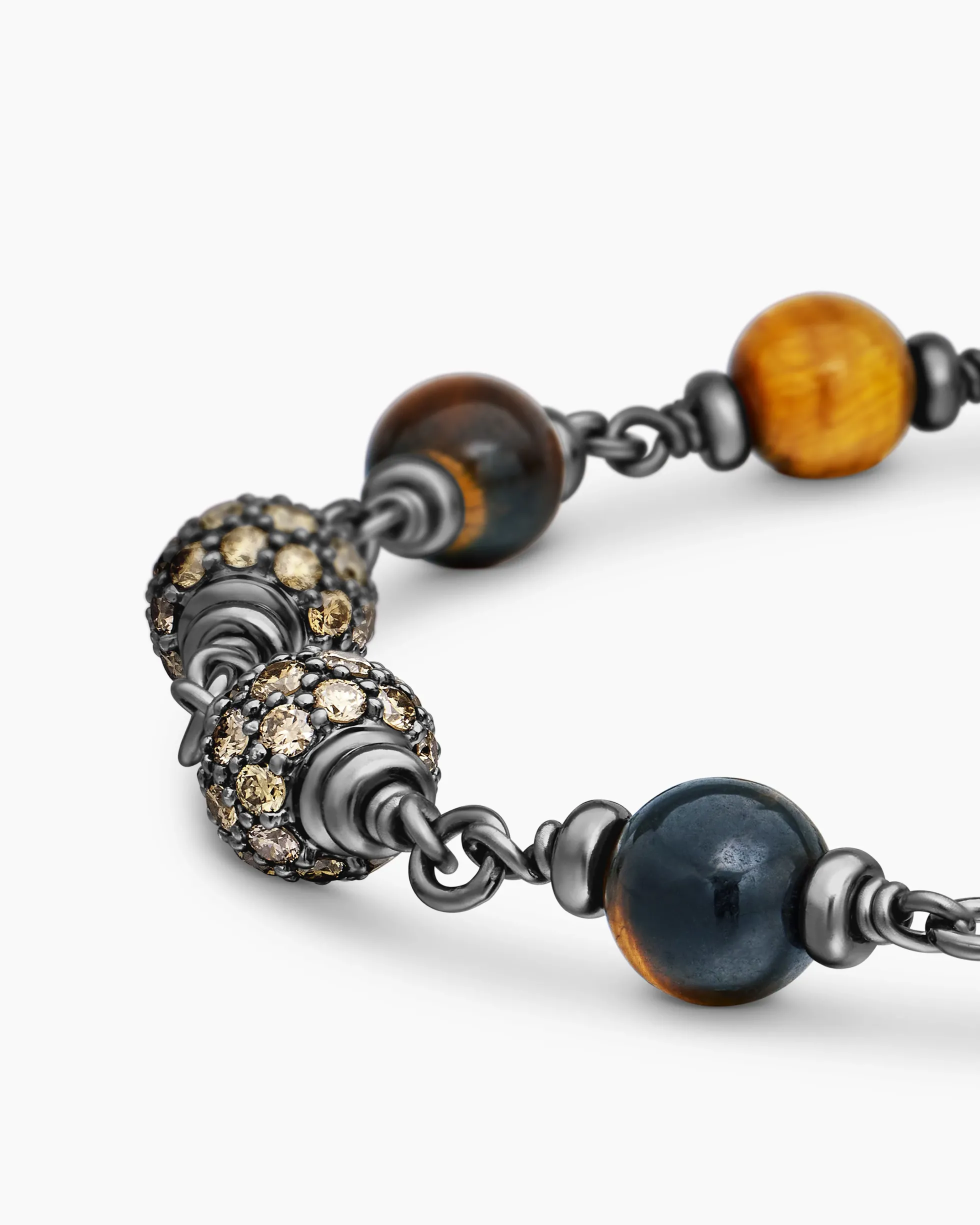 Spiritual Beads Bracelet Sterling Silver with Tiger’s Eye and Cognac Diamonds, 6mm