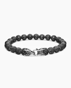 Spiritual Beads Bracelet Sterling Silver with Pavé Black Diamonds, 8mm