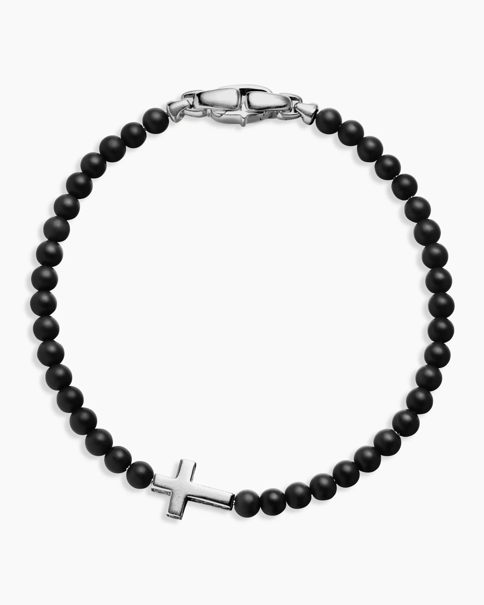 Spiritual Beads Cross Station Bracelet Sterling Silver with Black Onyx, 4mm