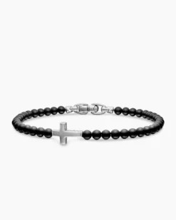 Spiritual Beads Cross Station Bracelet Sterling Silver with Black Onyx, 4mm