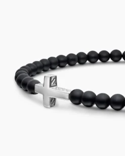 Spiritual Beads Cross Station Bracelet Sterling Silver with Black Onyx, 4mm