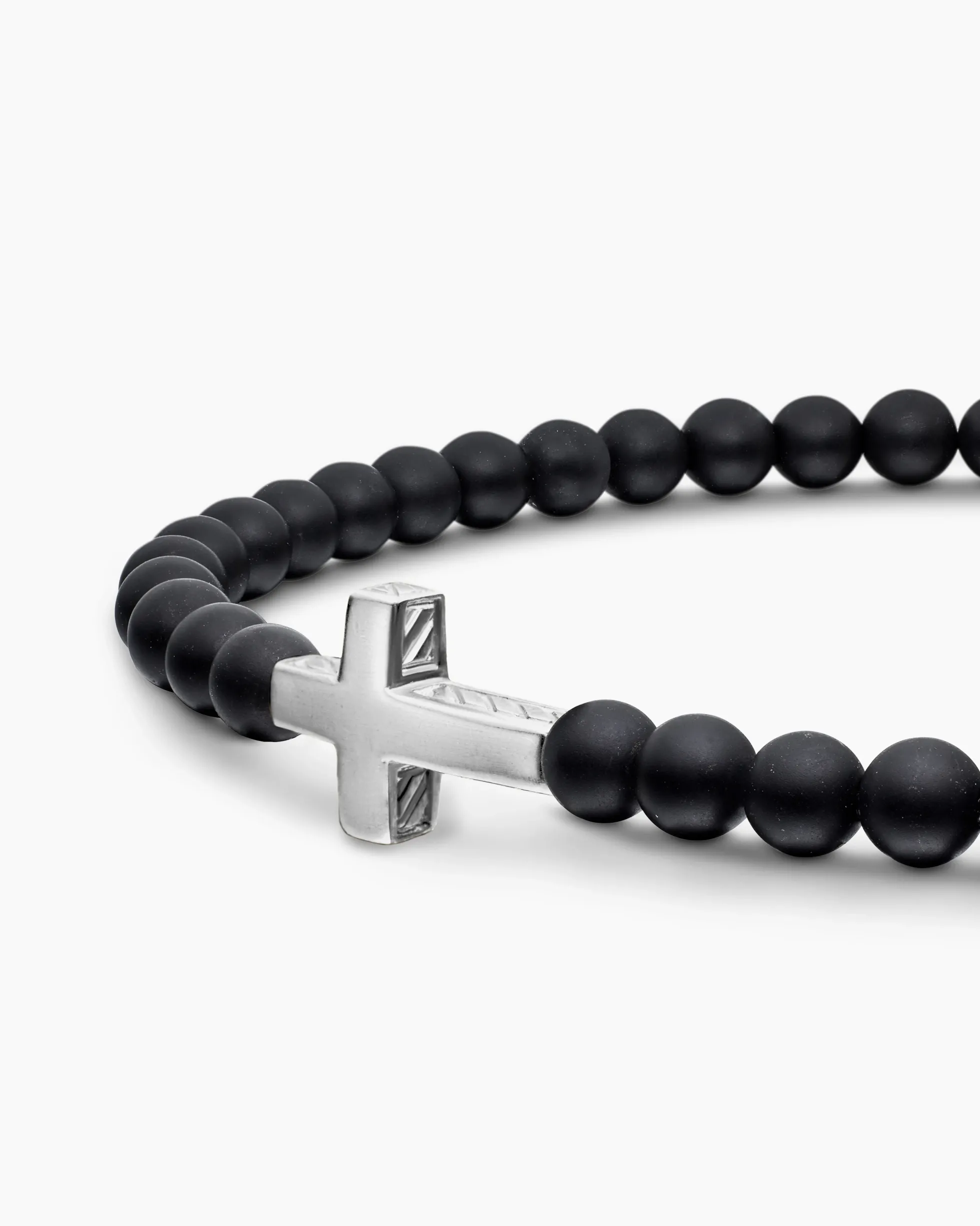 Spiritual Beads Cross Station Bracelet Sterling Silver with Black Onyx, 4mm