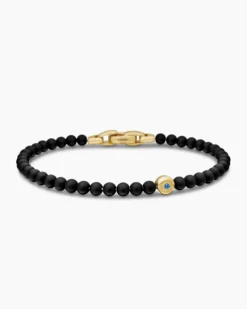 Spiritual Beads Evil Eye Bracelet Black Onyx, Sapphire and 18K Yellow Gold, 4mm