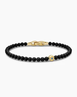 Spiritual Beads Evil Eye Bracelet Black Onyx, Sapphire and 18K Yellow Gold, 4mm
