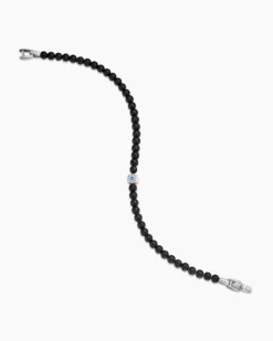 Spiritual Beads Evil Eye Bracelet Sterling Silver with Black Onyx and Sapphire, 4mm