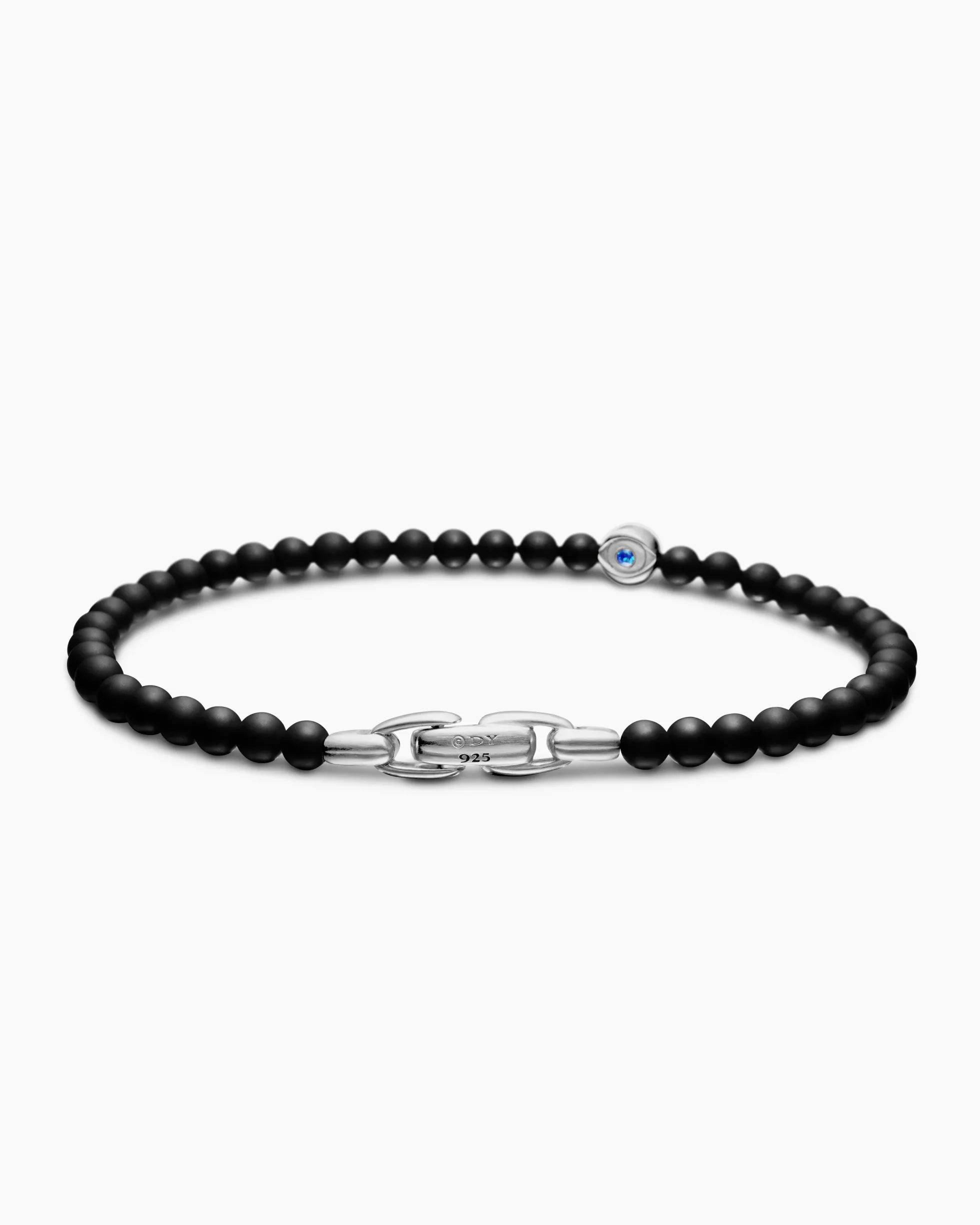 Spiritual Beads Evil Eye Bracelet Sterling Silver with Black Onyx and Sapphire, 4mm