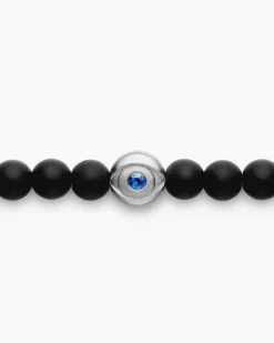 Spiritual Beads Evil Eye Bracelet Sterling Silver with Black Onyx and Sapphire, 4mm