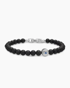 Spiritual Beads Evil Eye Bracelet Sterling Silver with Black Onyx and Sapphire, 6mm