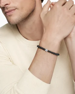 Spiritual Beads Evil Eye Bracelet Sterling Silver with Black Onyx and Sapphire, 6mm