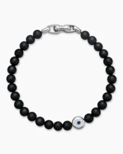 Spiritual Beads Evil Eye Bracelet Sterling Silver with Black Onyx and Sapphire, 6mm