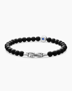 Spiritual Beads Evil Eye Bracelet Sterling Silver with Black Onyx and Sapphire, 6mm