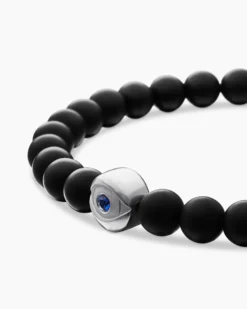 Spiritual Beads Evil Eye Bracelet Sterling Silver with Black Onyx and Sapphire, 6mm