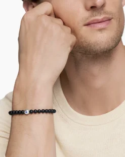 Spiritual Beads Evil Eye Bracelet Sterling Silver with Black Onyx and Sapphire, 6mm
