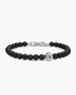 Spiritual Beads Evil Eye Bracelet Sterling Silver with Black Onyx and Sapphire, 6mm