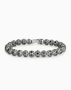 Spiritual Beads Faceted Bracelet Sterling Silver with Pavé Black Diamonds, 8mm