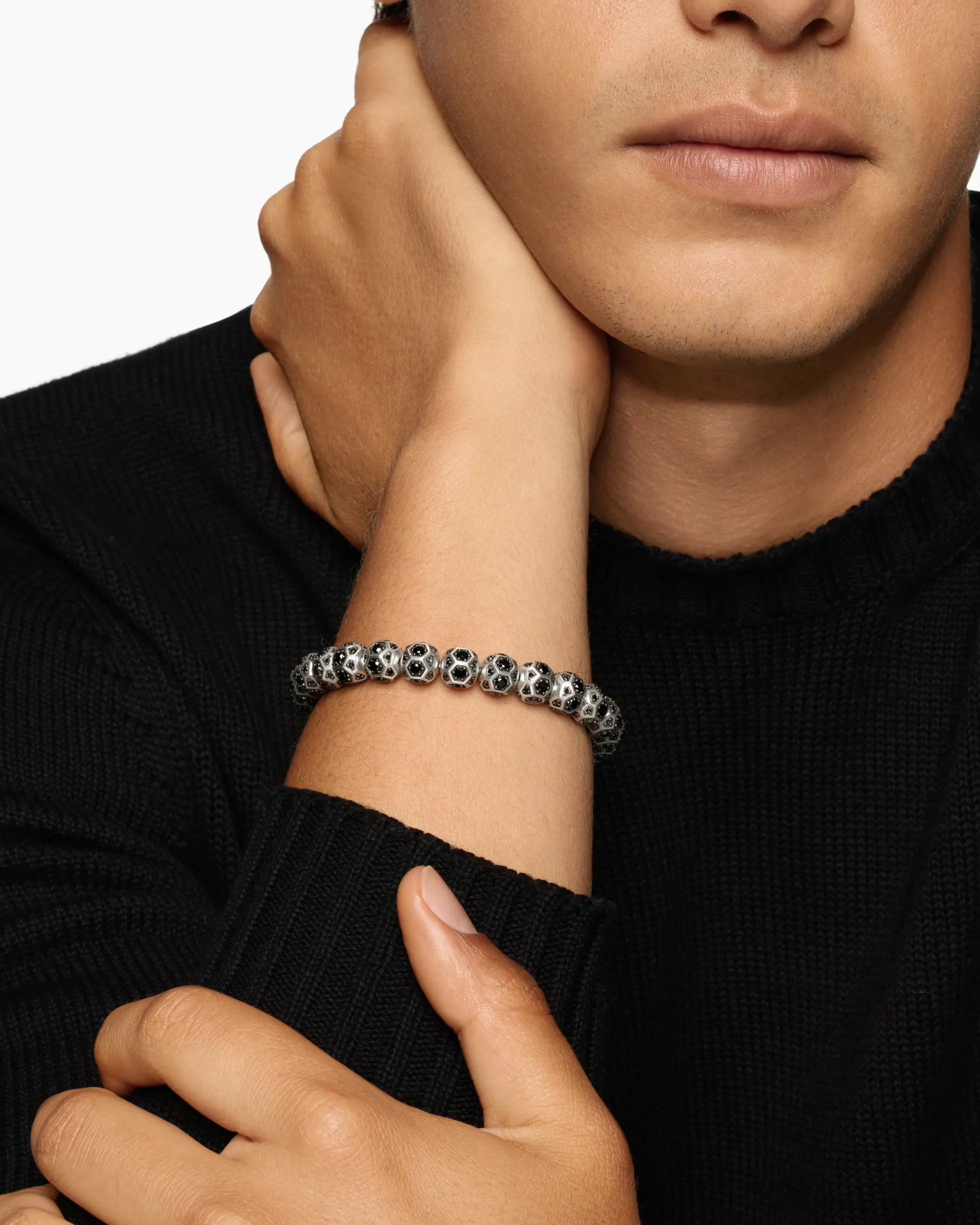 Spiritual Beads Faceted Bracelet Sterling Silver with Pavé Black Diamonds, 8mm