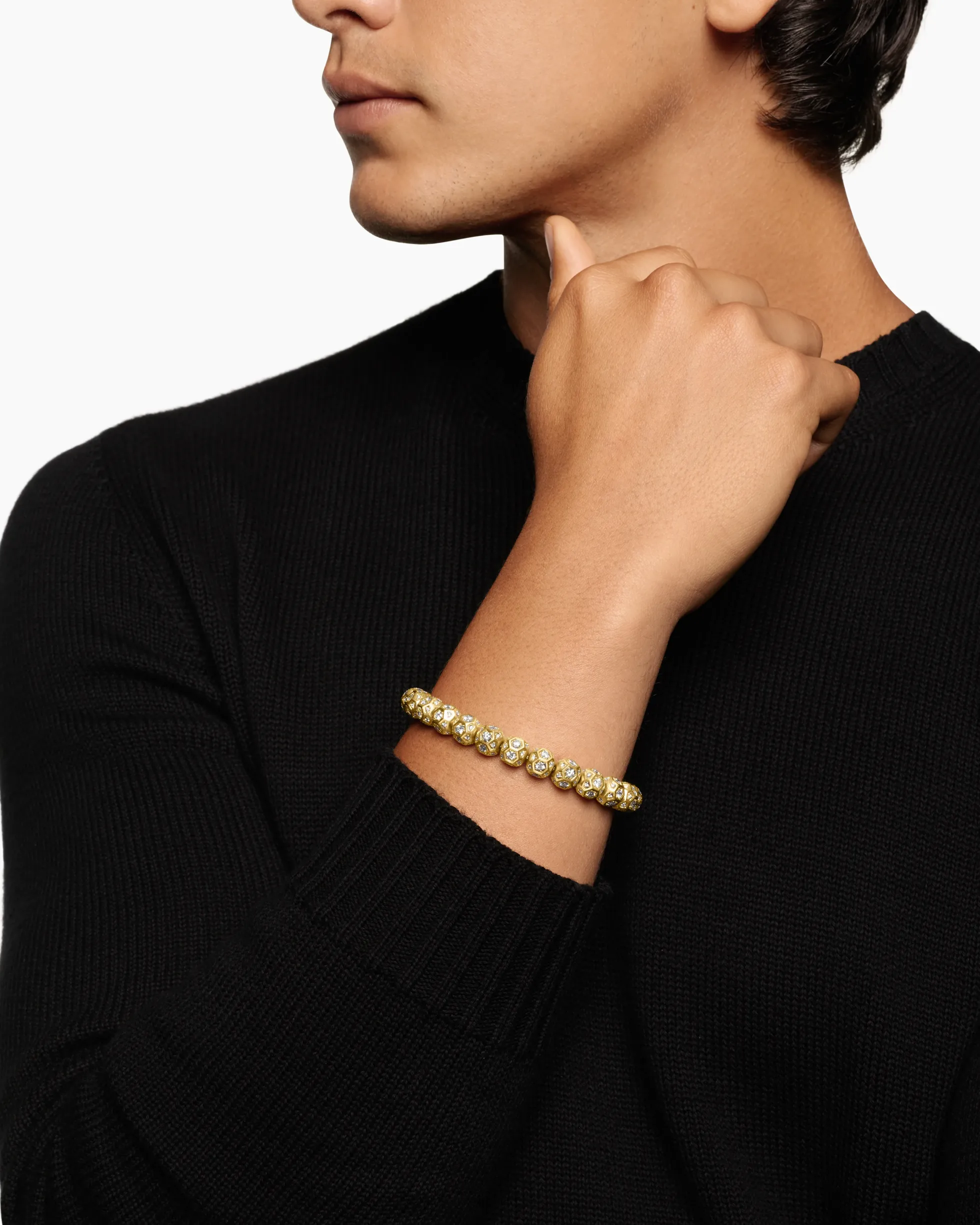 Spiritual Beads Faceted Bracelet 18K Yellow Gold with Pavé Diamonds, 8mm